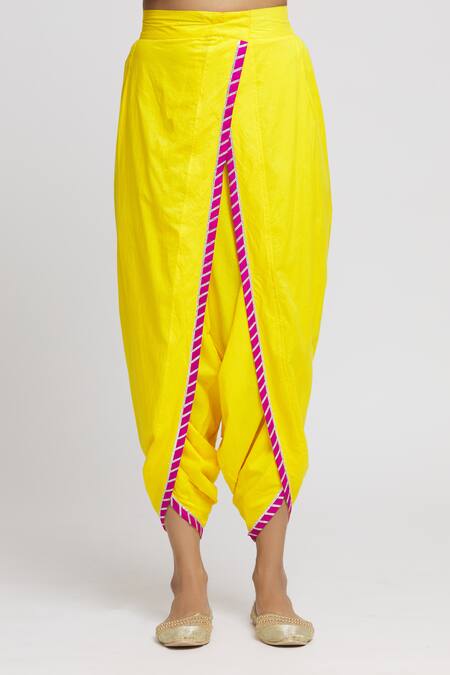 Shop_Gopi Vaid_Yellow Tussar, Cotton, Chiffon Gota Patti, Surbhi Thread Work Kurta Set _Online_at_Aza_Fashions