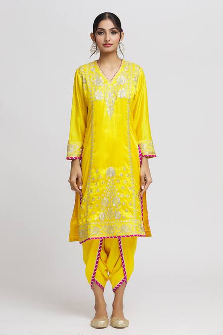 Gopi Vaid_Yellow Tussar, Cotton, Chiffon Gota Patti, Surbhi Thread Work Kurta Set _at_Aza_Fashions