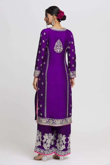 Shop_Gopi Vaid_Purple Tussar, Organza Embroidery, Gota Patti, Amaya Leaf Kurta Palazzo Set _at_Aza_Fashions