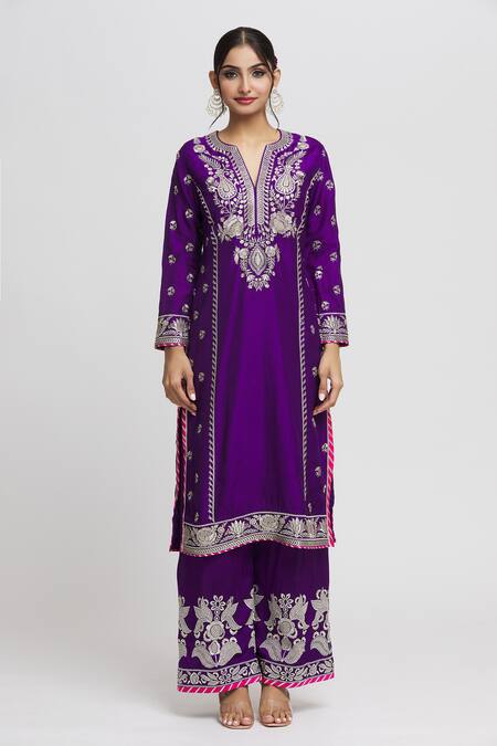 Gopi Vaid_Purple Tussar, Organza Embroidery, Gota Patti, Amaya Leaf Kurta Palazzo Set _Online_at_Aza_Fashions