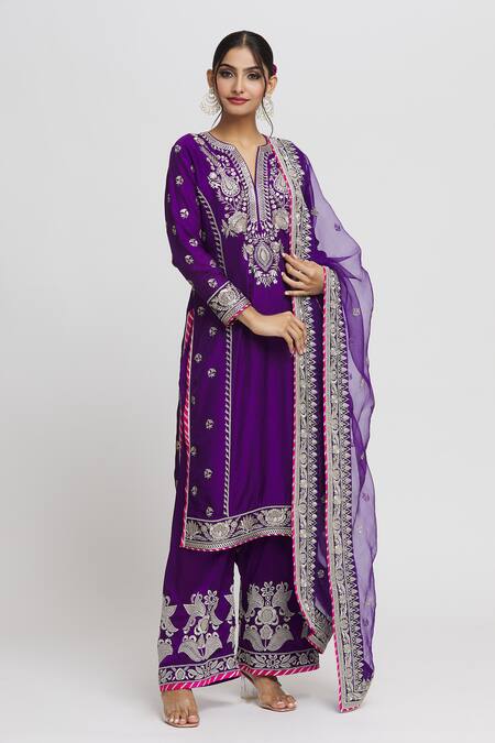 Buy_Gopi Vaid_Purple Tussar, Organza Embroidery, Gota Patti, Amaya Leaf Kurta Palazzo Set _Online_at_Aza_Fashions