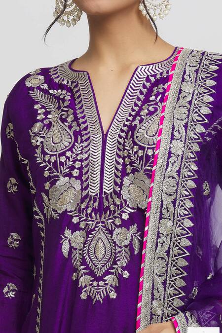 Shop_Gopi Vaid_Purple Tussar, Organza Embroidery, Gota Patti, Amaya Leaf Kurta Palazzo Set _Online_at_Aza_Fashions