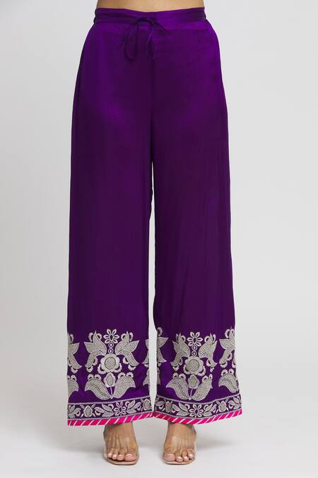 Gopi Vaid_Purple Tussar, Organza Embroidery, Gota Patti, Amaya Leaf Kurta Palazzo Set _at_Aza_Fashions