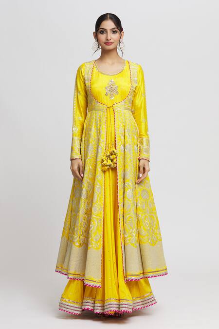 Gopi Vaid_Yellow Chiffon, Tussar Gota Patti, Sequins, Ishanya Jacket With Anarkali _Online_at_Aza_Fashions