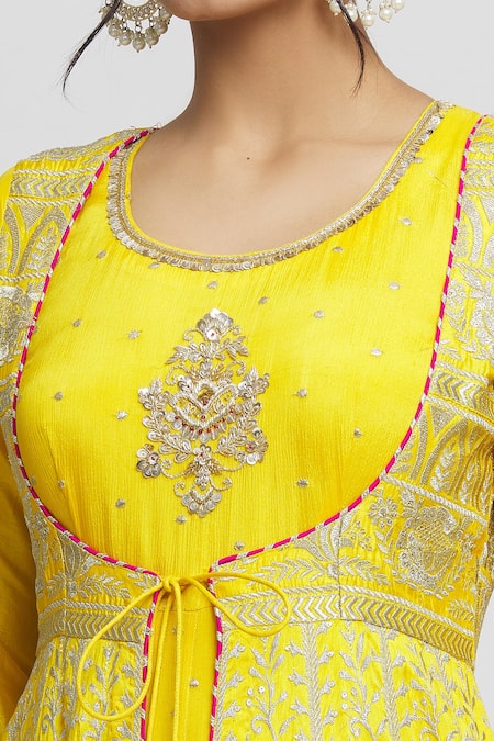 Shop_Gopi Vaid_Yellow Chiffon, Tussar Gota Patti, Sequins, Ishanya Jacket With Anarkali _Online_at_Aza_Fashions