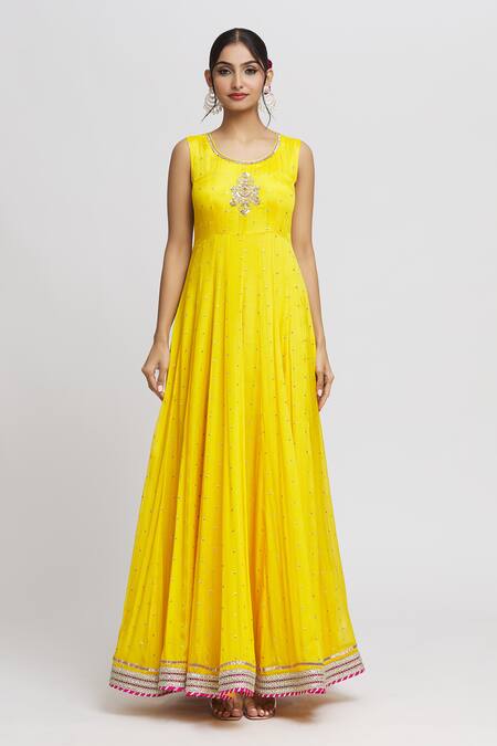 Gopi Vaid_Yellow Chiffon, Tussar Gota Patti, Sequins, Ishanya Jacket With Anarkali _at_Aza_Fashions