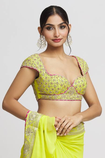 Gopi Vaid_Green Tussar, Georgette Gota Patti, Ruffle Pre-draped Saree With Blouse _Online_at_Aza_Fashions