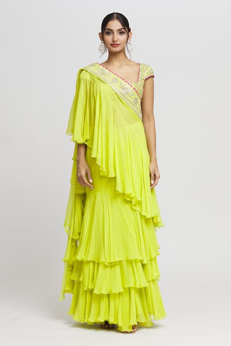 Buy_Gopi Vaid_Green Tussar, Georgette Gota Patti, Ruffle Pre-draped Saree With Blouse _Online_at_Aza_Fashions