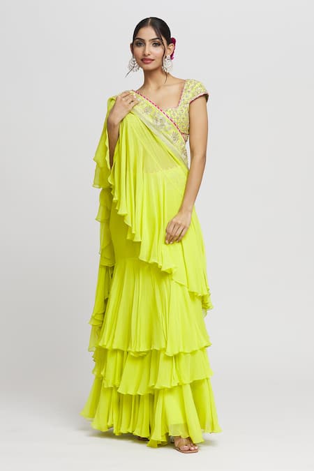 Shop_Gopi Vaid_Green Tussar, Georgette Gota Patti, Ruffle Pre-draped Saree With Blouse _Online_at_Aza_Fashions