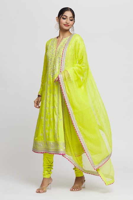 Buy_Gopi Vaid_Green Tussar, Lycra, Chiffon Gota Patti, Sequins, Aarohi Anarkali Set _Online_at_Aza_Fashions