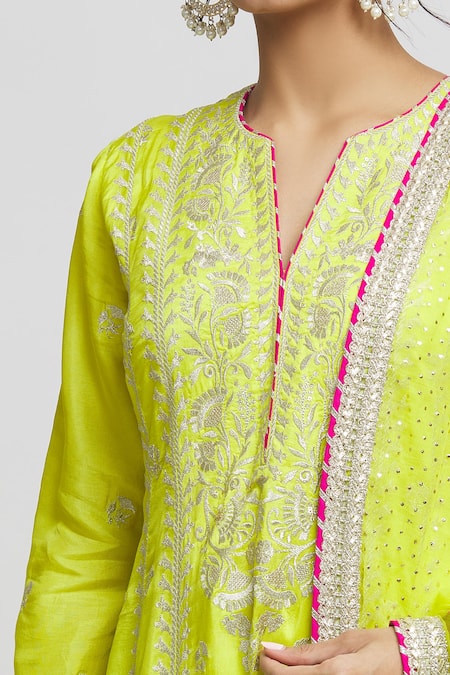 Shop_Gopi Vaid_Green Tussar, Lycra, Chiffon Gota Patti, Sequins, Aarohi Anarkali Set _Online_at_Aza_Fashions