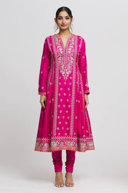 Gopi Vaid Pink Tussar, Lycra, Chiffon Embroidery, Sequins, Aarohi Thread Anarkali Set Online at Aza Fashions Gopi Vaid_Pink Tussar, Lycra, Chiffon Embroidery, Sequins, Aarohi Thread Anarkali Set _Online_at_Aza_Fashions