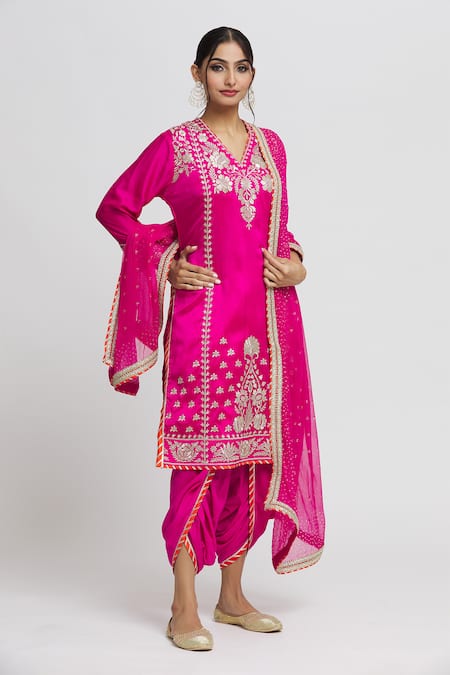 Gopi Vaid Pink Kurta Tussar Embroidery Thread V Surbhi Work Dhoti Pant Set 
