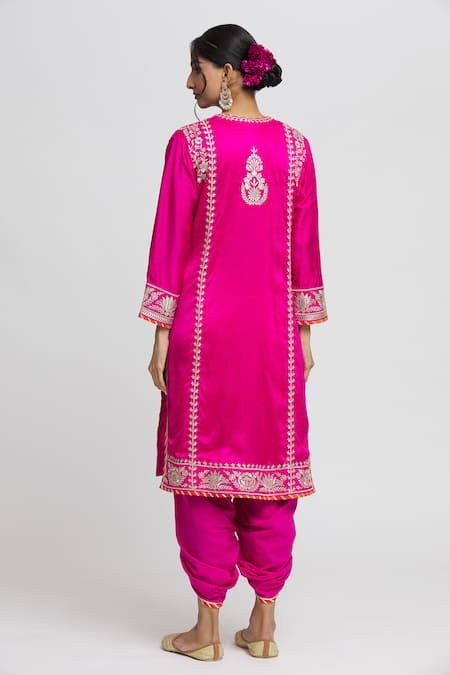 Shop_Gopi Vaid_Pink Silk, Cotton, Chiffon Gota Patti, Surbhi Thread Work Kurta Dhoti Pant Set _at_Aza_Fashions