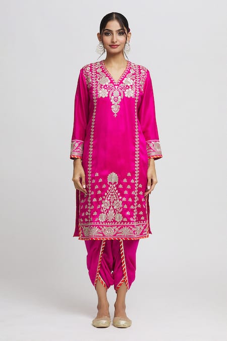 Gopi Vaid_Pink Silk, Cotton, Chiffon Gota Patti, Surbhi Thread Work Kurta Dhoti Pant Set _Online_at_Aza_Fashions