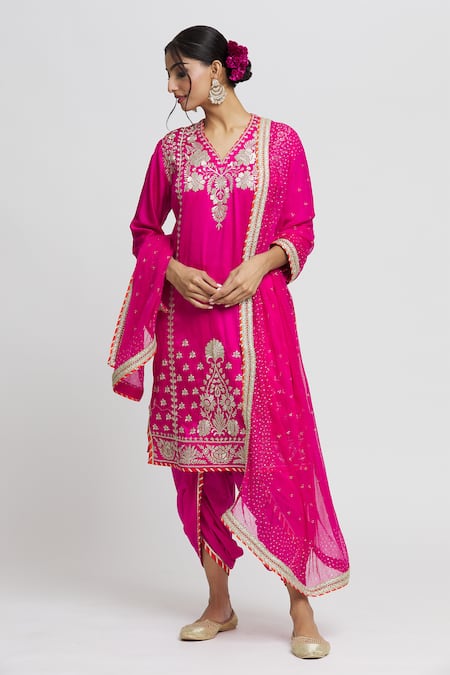 Buy_Gopi Vaid_Pink Silk, Cotton, Chiffon Gota Patti, Surbhi Thread Work Kurta Dhoti Pant Set _Online_at_Aza_Fashions
