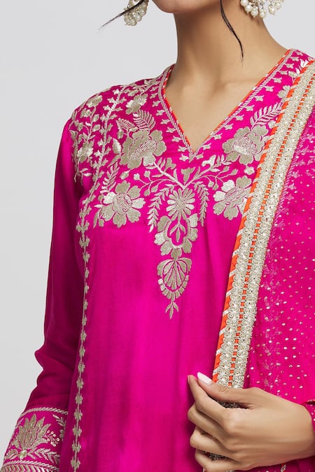 Shop_Gopi Vaid_Pink Silk, Cotton, Chiffon Gota Patti, Surbhi Thread Work Kurta Dhoti Pant Set _Online_at_Aza_Fashions