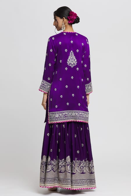 Shop Gopi Vaid Purple Cotton, Silk, Chanderi Gota Patti, Sequins, Flower Kurta Sharara Set at Aza Fashions Shop_Gopi Vaid_Purple Cotton, Silk, Chanderi Gota Patti, Sequins, Flower Kurta Sharara Set _at_Aza_Fashions