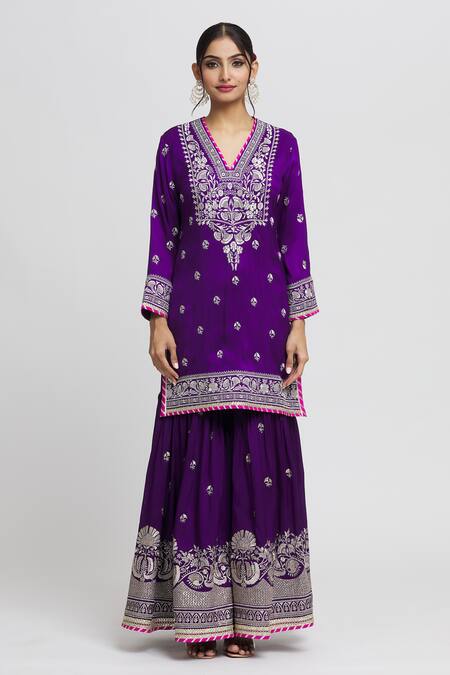 Gopi Vaid Purple Cotton, Silk, Chanderi Gota Patti, Sequins, Flower Kurta Sharara Set Online at Aza Fashions Gopi Vaid_Purple Cotton, Silk, Chanderi Gota Patti, Sequins, Flower Kurta Sharara Set _Online_at_Aza_Fashions