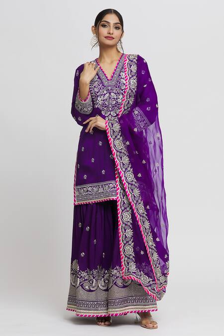 Buy Gopi Vaid Purple Cotton, Silk, Chanderi Gota Patti, Sequins, Flower Kurta Sharara Set Online at Aza Fashions Buy_Gopi Vaid_Purple Cotton, Silk, Chanderi Gota Patti, Sequins, Flower Kurta Sharara Set _Online_at_Aza_Fashions