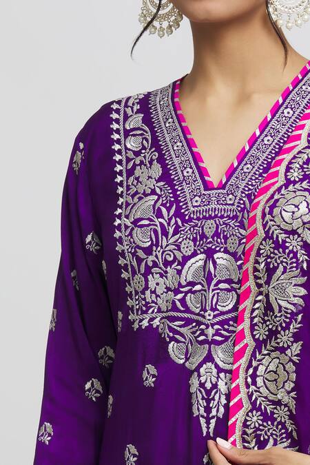 Shop Gopi Vaid Purple Cotton, Silk, Chanderi Gota Patti, Sequins, Flower Kurta Sharara Set Online at Aza Fashions Shop_Gopi Vaid_Purple Cotton, Silk, Chanderi Gota Patti, Sequins, Flower Kurta Sharara Set _Online_at_Aza_Fashions