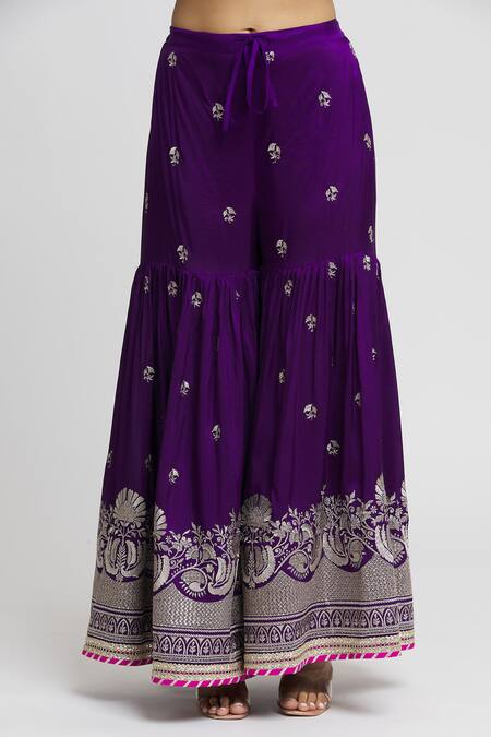 Gopi Vaid Purple Cotton, Silk, Chanderi Gota Patti, Sequins, Flower Kurta Sharara Set at Aza Fashions Gopi Vaid_Purple Cotton, Silk, Chanderi Gota Patti, Sequins, Flower Kurta Sharara Set _at_Aza_Fashions