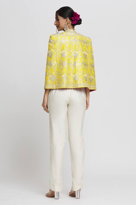 Shop_Gopi Vaid_Yellow Tussar Embroidery Dalnaz Floral Blazer _at_Aza_Fashions