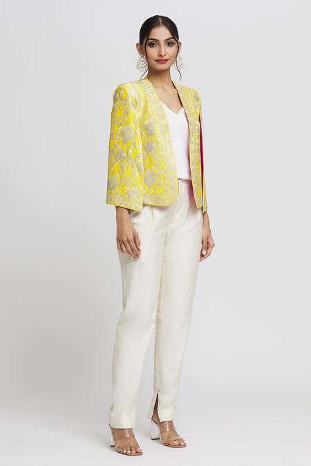 Gopi Vaid_Yellow Tussar Embroidery Dalnaz Floral Blazer _Online_at_Aza_Fashions