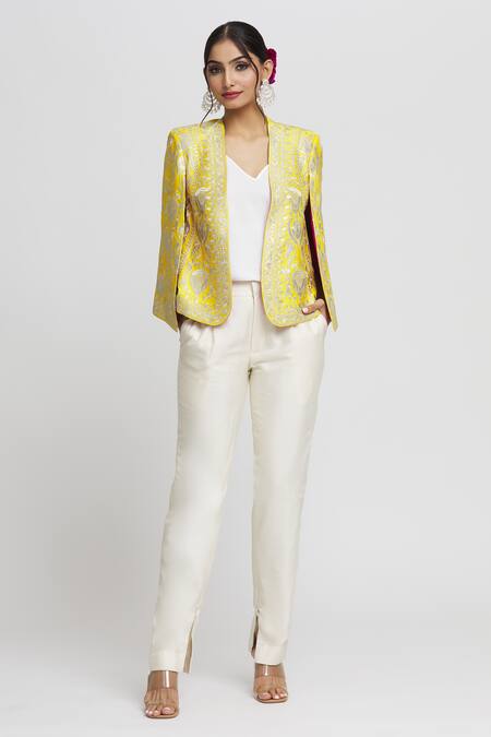 Buy_Gopi Vaid_Yellow Tussar Embroidery Dalnaz Floral Blazer _Online_at_Aza_Fashions