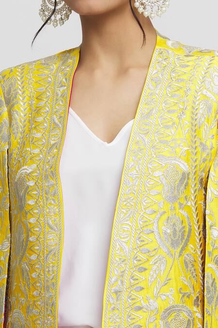 Shop_Gopi Vaid_Yellow Tussar Embroidery Dalnaz Floral Blazer _Online_at_Aza_Fashions