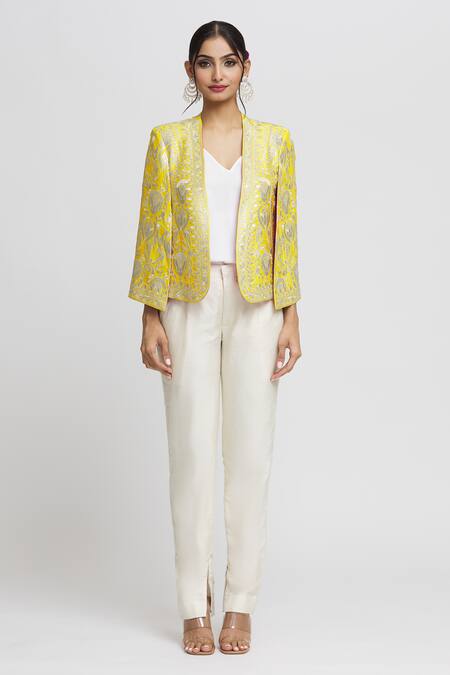 Gopi Vaid_Yellow Tussar Embroidery Dalnaz Floral Blazer _at_Aza_Fashions
