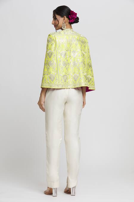 Shop_Gopi Vaid_Green Tussar Embroidery Dalnaz Flower Blazer_at_Aza_Fashions