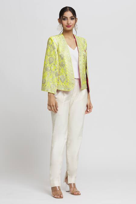 Gopi Vaid_Green Tussar Embroidery Dalnaz Flower Blazer_Online_at_Aza_Fashions