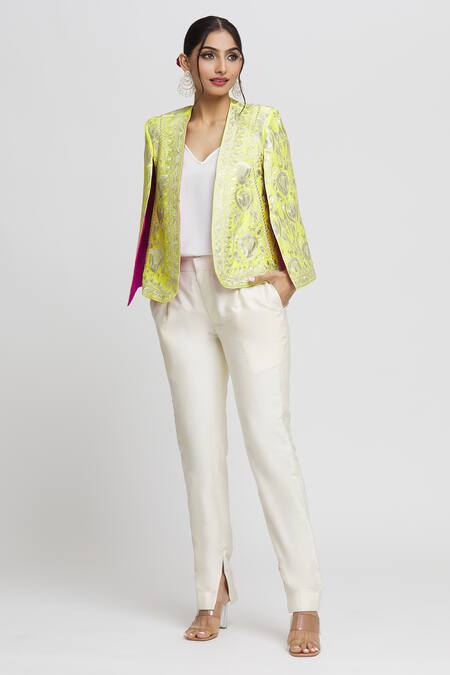 Buy_Gopi Vaid_Green Tussar Embroidery Dalnaz Flower Blazer_Online_at_Aza_Fashions