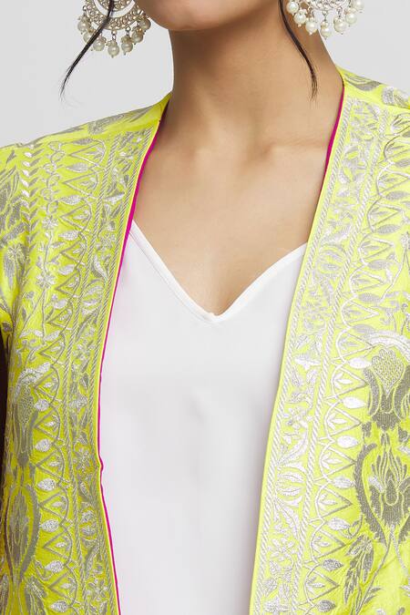 Shop_Gopi Vaid_Green Tussar Embroidery Dalnaz Flower Blazer_Online_at_Aza_Fashions