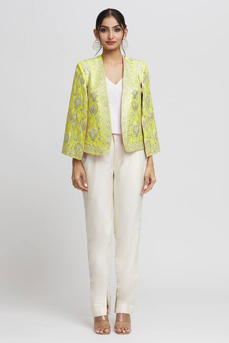Gopi Vaid_Green Tussar Embroidery Dalnaz Flower Blazer_at_Aza_Fashions