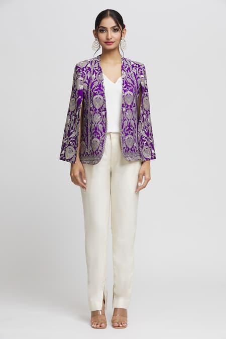 Gopi Vaid_Purple Tussar Embroidery Dalnaz Resham Blazer_Online_at_Aza_Fashions