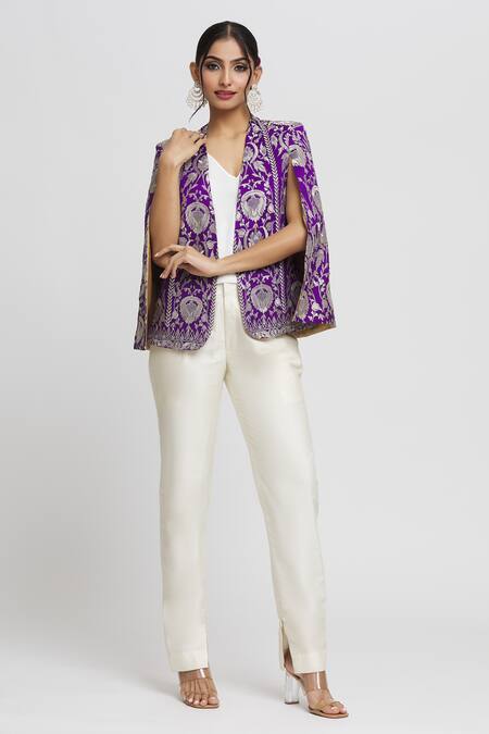 Buy_Gopi Vaid_Purple Tussar Embroidery Dalnaz Resham Blazer_Online_at_Aza_Fashions