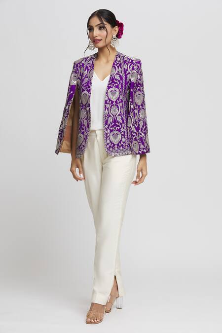 Shop_Gopi Vaid_Purple Tussar Embroidery Dalnaz Resham Blazer_Online_at_Aza_Fashions