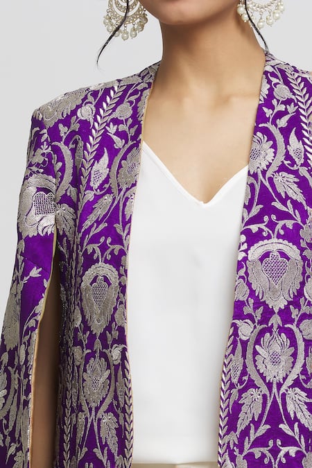 Gopi Vaid_Purple Tussar Embroidery Dalnaz Resham Blazer_at_Aza_Fashions