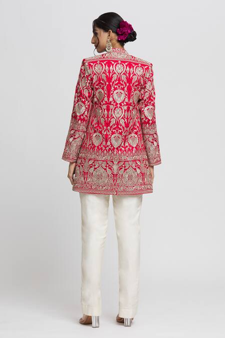 Shop Gopi Vaid Red Tussar Embroidery Nahida Floral Jaal Blazer at Aza Fashions Shop_Gopi Vaid_Red Tussar Embroidery Nahida Floral Jaal Blazer_at_Aza_Fashions