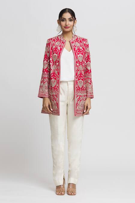 Gopi Vaid Red Tussar Embroidery Nahida Floral Jaal Blazer Online at Aza Fashions Gopi Vaid_Red Tussar Embroidery Nahida Floral Jaal Blazer_Online_at_Aza_Fashions