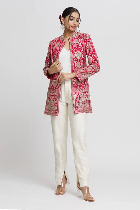 Buy Gopi Vaid Red Tussar Embroidery Nahida Floral Jaal Blazer Online at Aza Fashions Buy_Gopi Vaid_Red Tussar Embroidery Nahida Floral Jaal Blazer_Online_at_Aza_Fashions