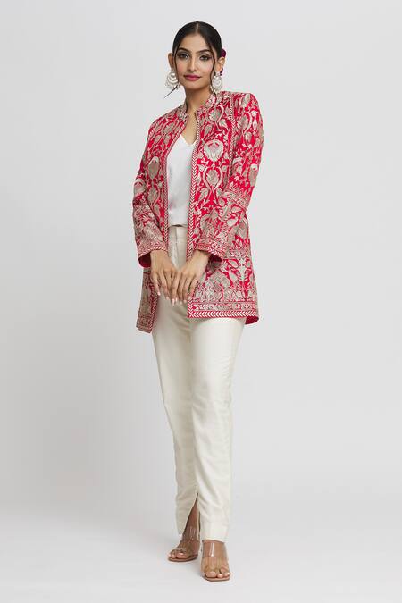 Shop Gopi Vaid Red Tussar Embroidery Nahida Floral Jaal Blazer Online at Aza Fashions Shop_Gopi Vaid_Red Tussar Embroidery Nahida Floral Jaal Blazer_Online_at_Aza_Fashions