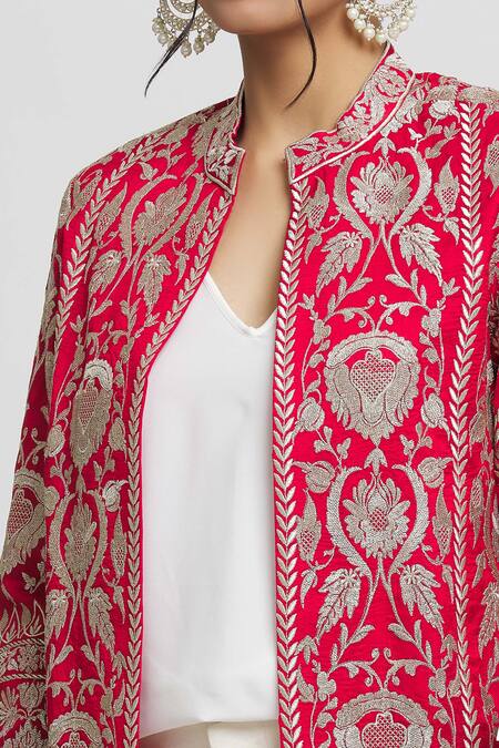 Gopi Vaid Red Tussar Embroidery Nahida Floral Jaal Blazer at Aza Fashions Gopi Vaid_Red Tussar Embroidery Nahida Floral Jaal Blazer_at_Aza_Fashions