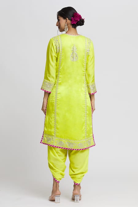 Shop_Gopi Vaid_Green Tussar, Cotton, Chiffon Gota Patti Surbhi Thread Embroidered Kurta Set _at_Aza_Fashions