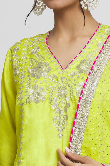 Shop_Gopi Vaid_Green Tussar, Cotton, Chiffon Gota Patti Surbhi Thread Embroidered Kurta Set _Online_at_Aza_Fashions