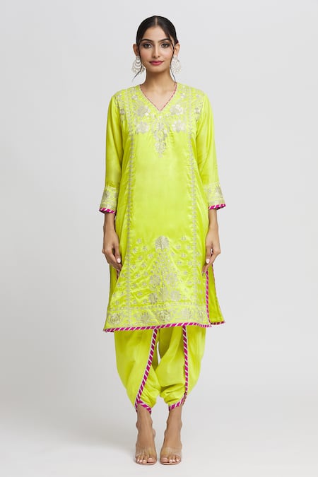 Gopi Vaid_Green Tussar, Cotton, Chiffon Gota Patti Surbhi Thread Embroidered Kurta Set _at_Aza_Fashions