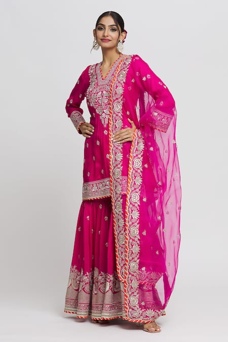 Gopi Vaid Pink Kurta Cotton Silk Embroidery Thread V Neck Sharara Set  