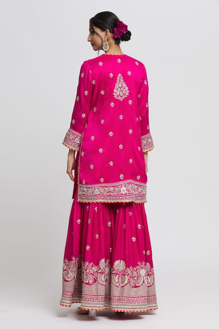 Shop_Gopi Vaid_Pink Cotton, Silk, Chanderi Gota Patti, Sequins, Embroidery Kurta Sharara Set _at_Aza_Fashions
